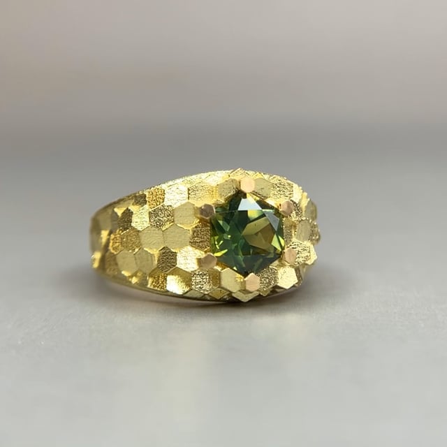 Tapered hex ring with Hexagonal green sapphire