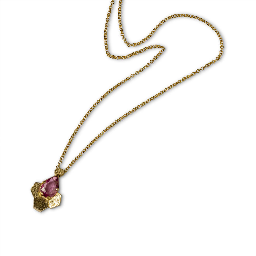 Three Chaos Hex drop pendant with pink sapphire