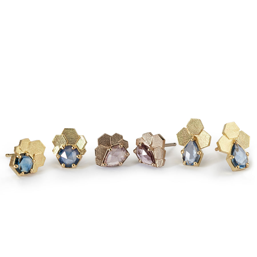 Chaos hex studs with pink pear shaped sapphires