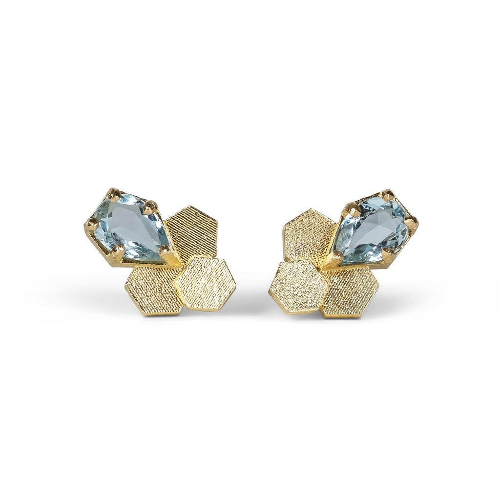 3 Chaos Hex studs with pear shaped Aquamarines