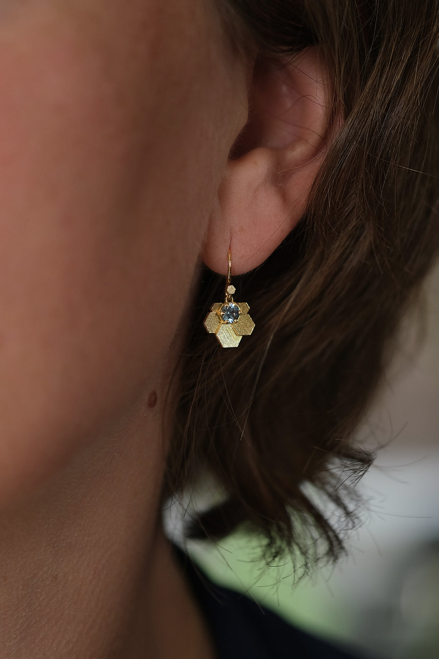 Chaos hex fan drop earrings with teal Malawi Sapphires