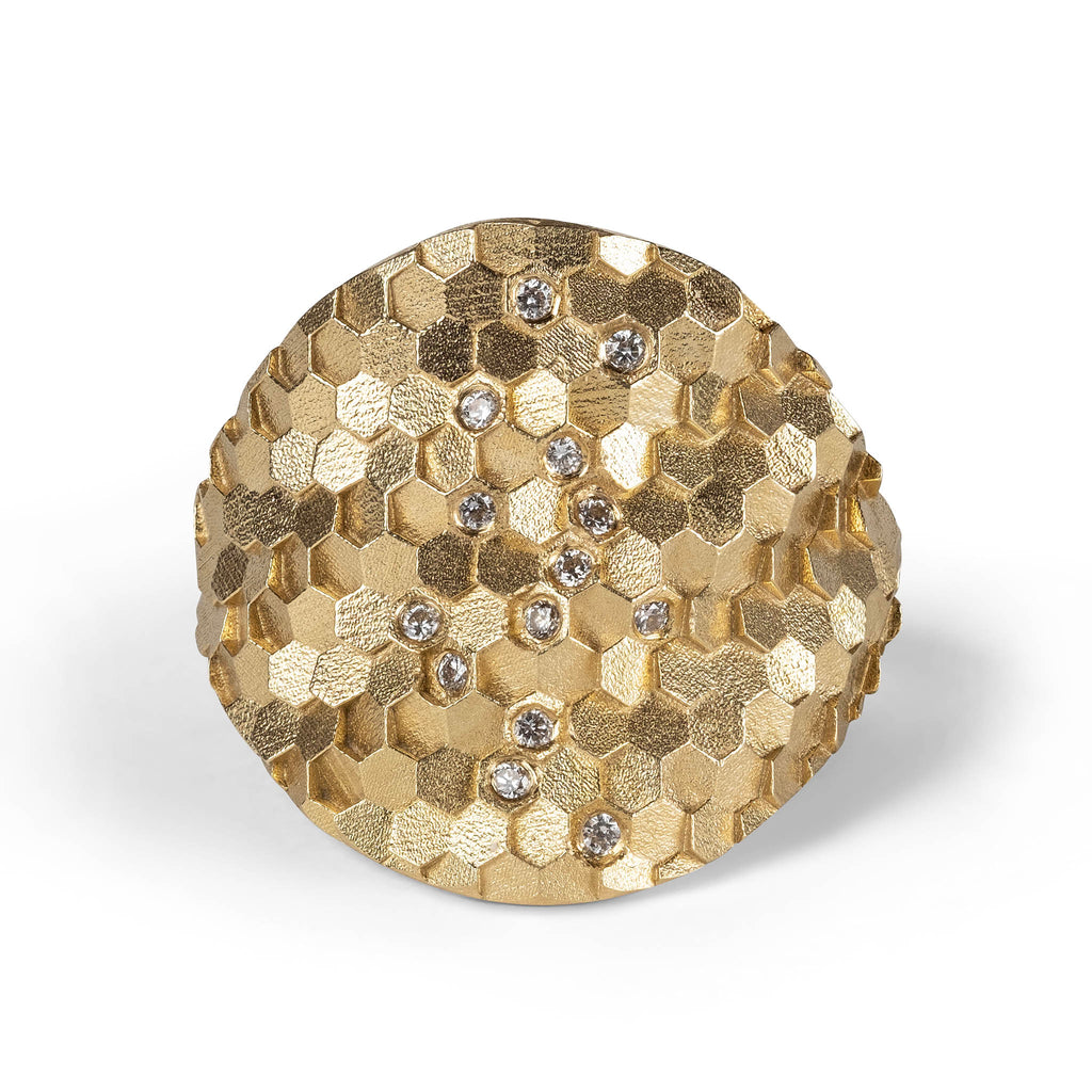 Medium Hex shield ring with scattered diamonds