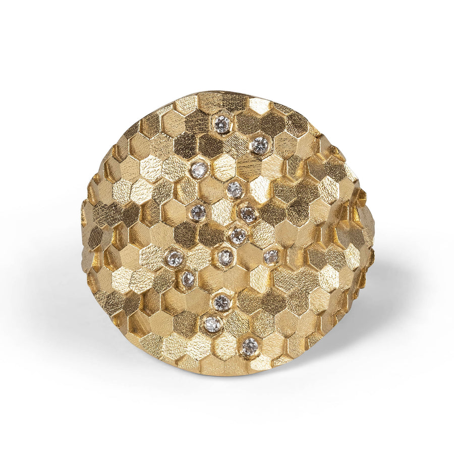 Medium Hex shield ring with scattered diamonds