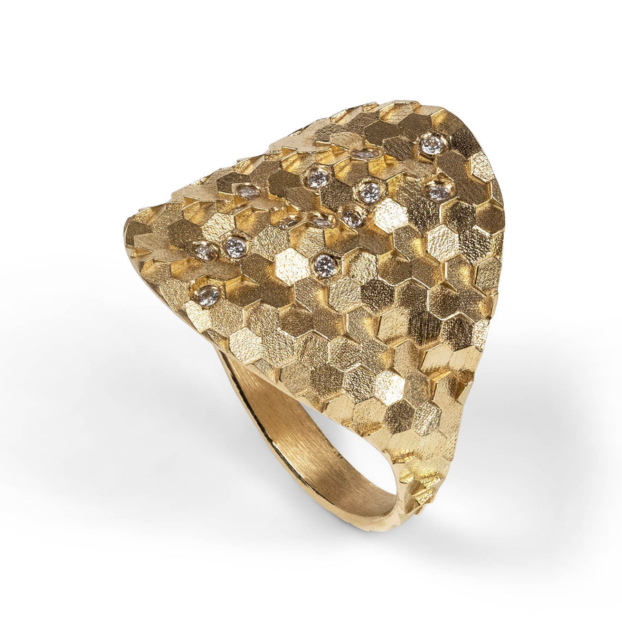 Medium Hex shield ring with scattered diamonds