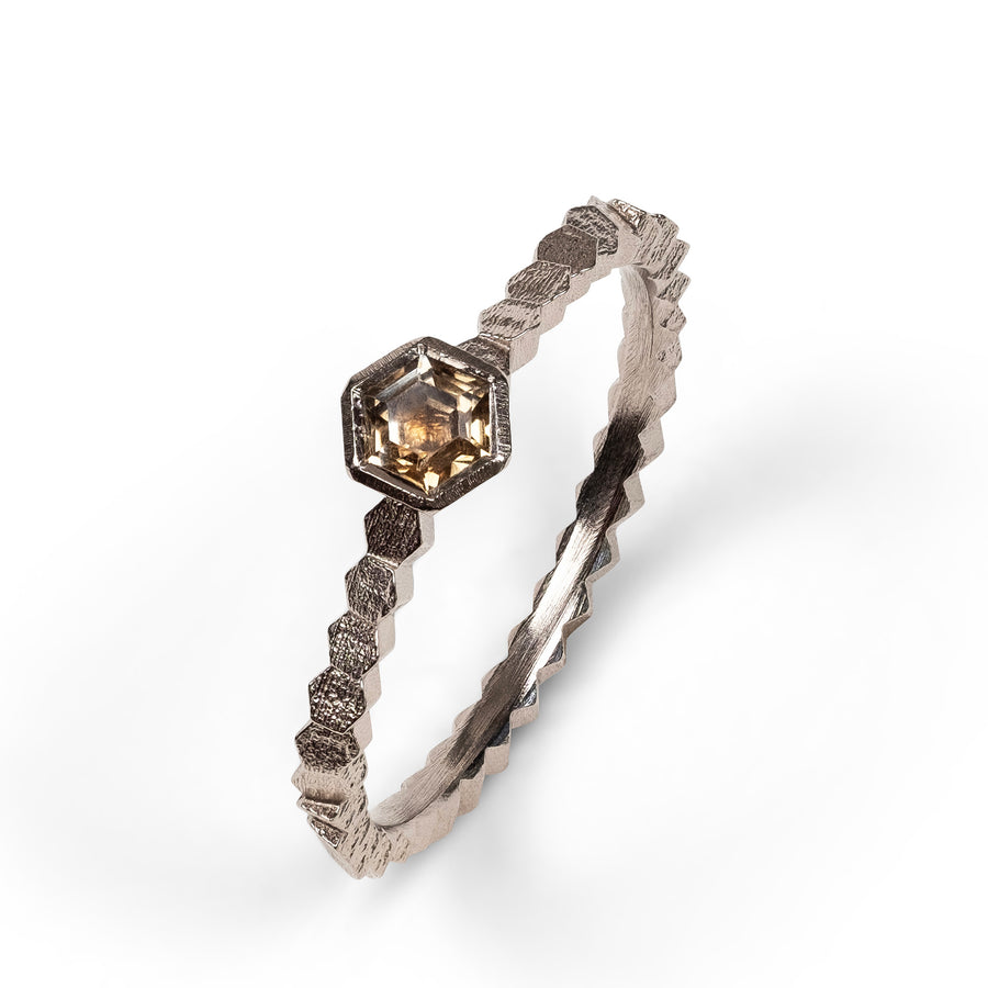 Single hex ring with Hexagonal Peach Montana Sapphire