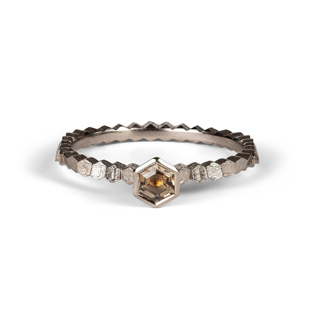Single hex ring with Hexagonal Peach Montana Sapphire