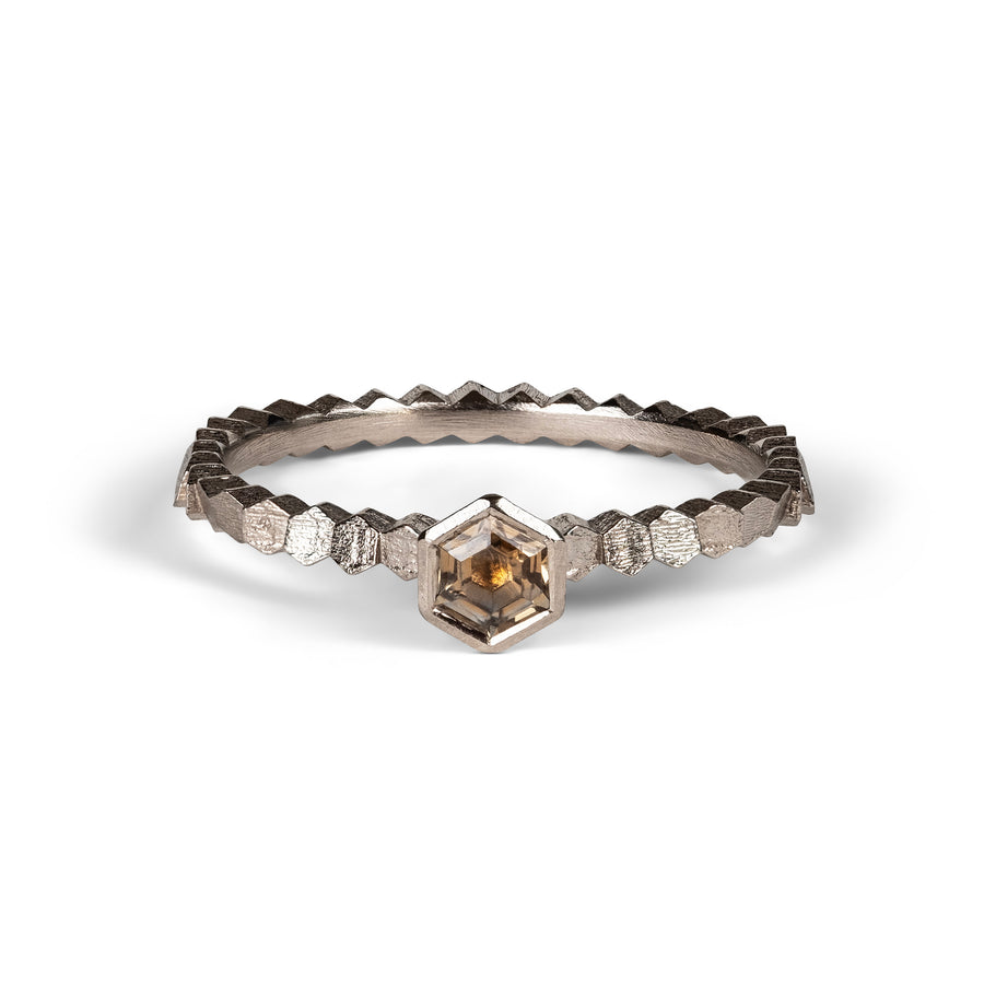 Single hex ring with Hexagonal Peach Montana Sapphire