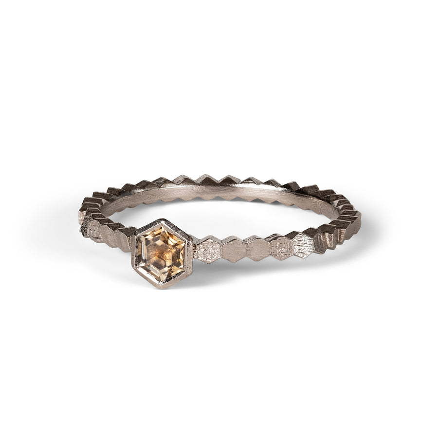 Single hex ring with Hexagonal Peach Montana Sapphire