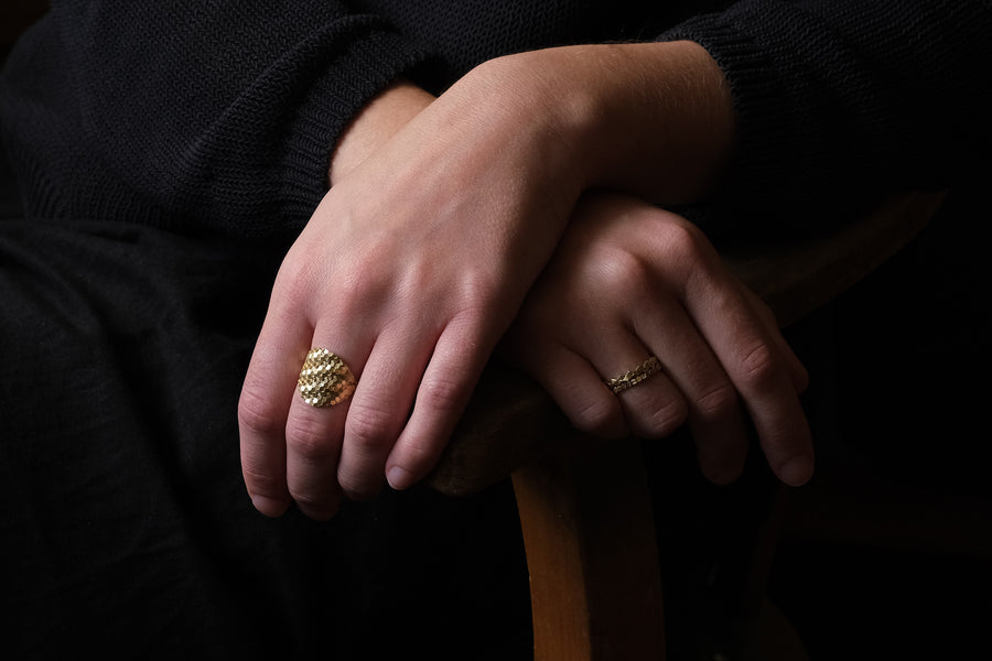 Medium Hex shield ring with scattered diamonds