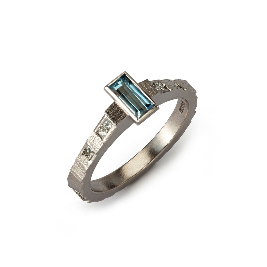 2.5mm square band with baguette aquamarine and diamonds