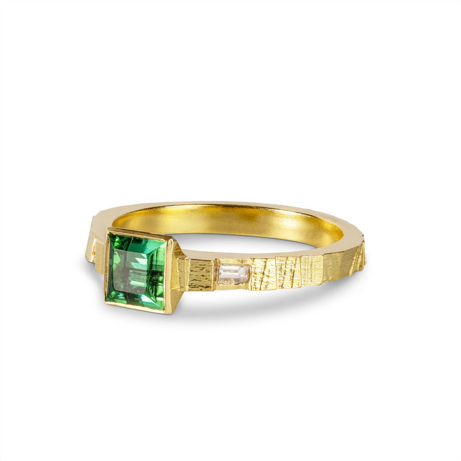 2.5mm square band with green tourmaline and diamonds