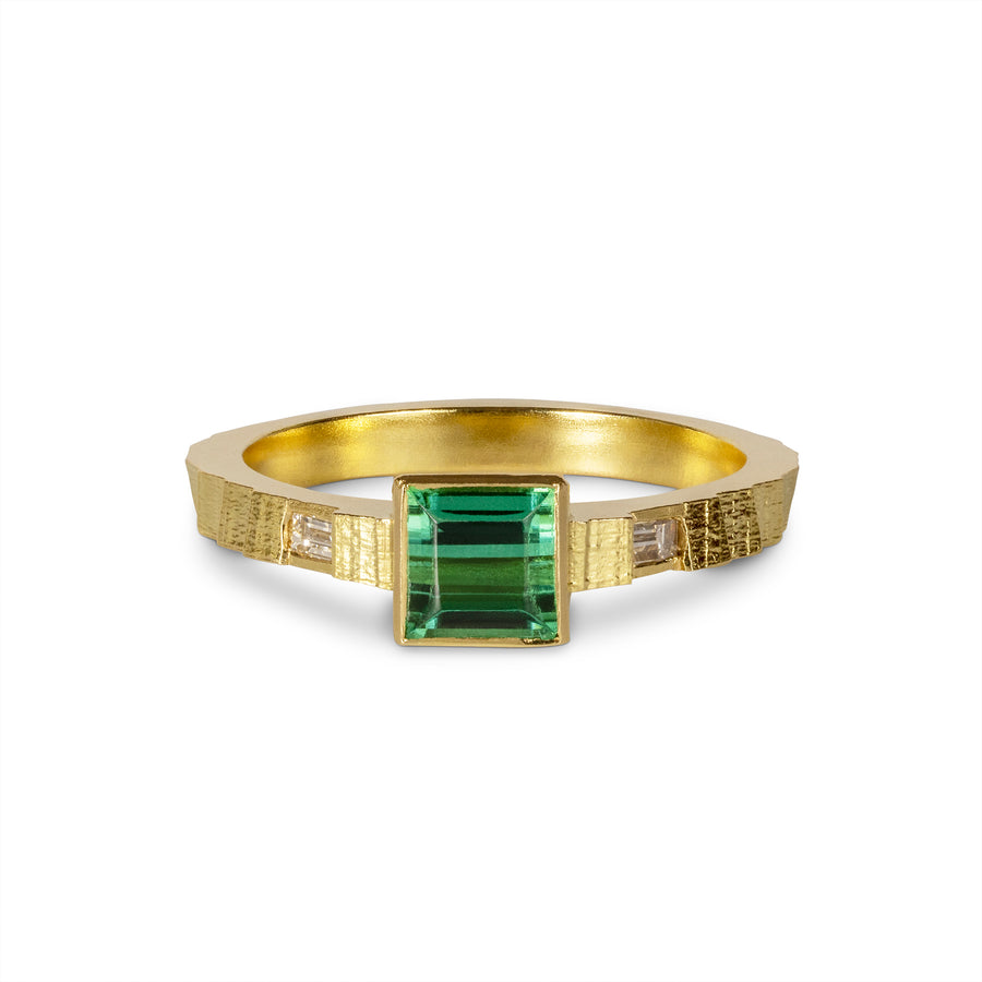 2.5mm square band with green tourmaline and diamonds