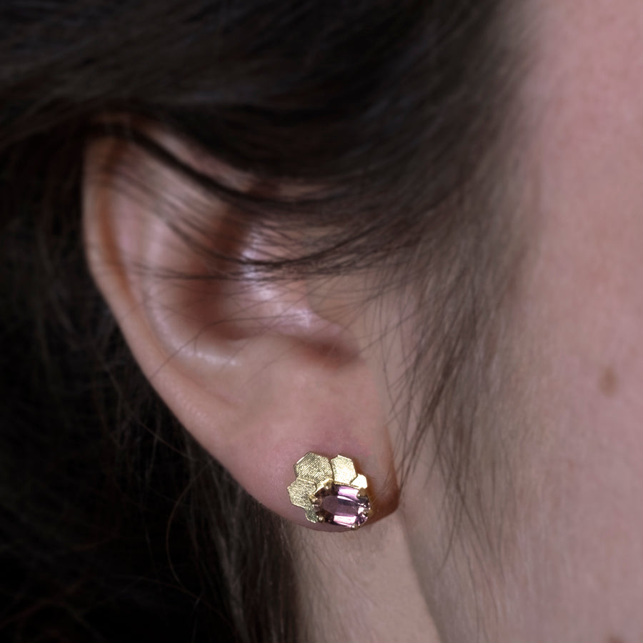 Chaos hex fan stud earrings with oval pink tourmalines