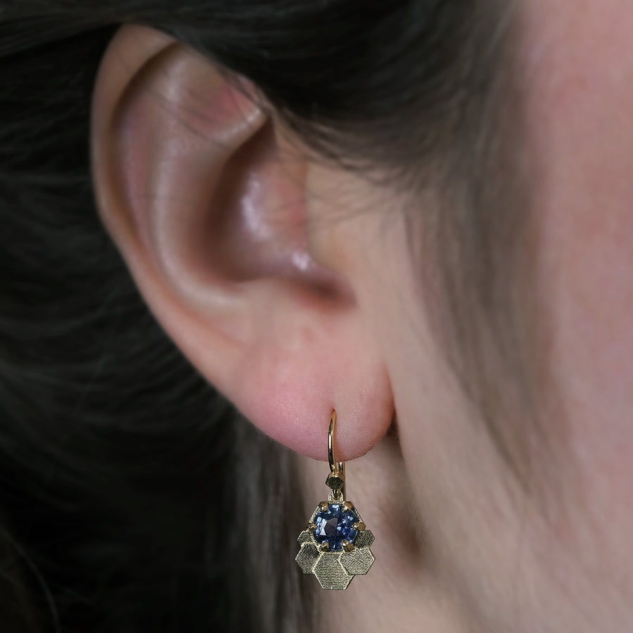 Chaos hex fan drop earrings with malawi Sapphires