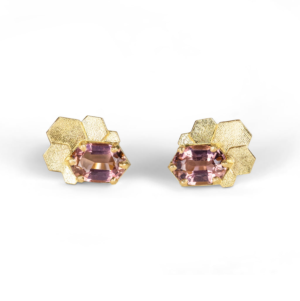 Chaos hex fan stud earrings with oval pink tourmalines