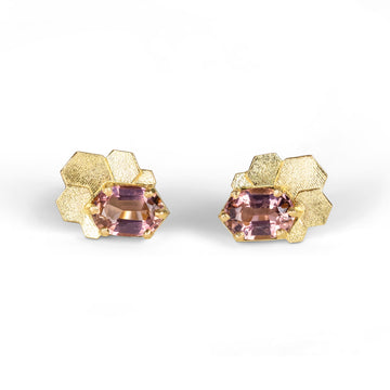 Chaos hex fan stud earrings with oval pink tourmalines