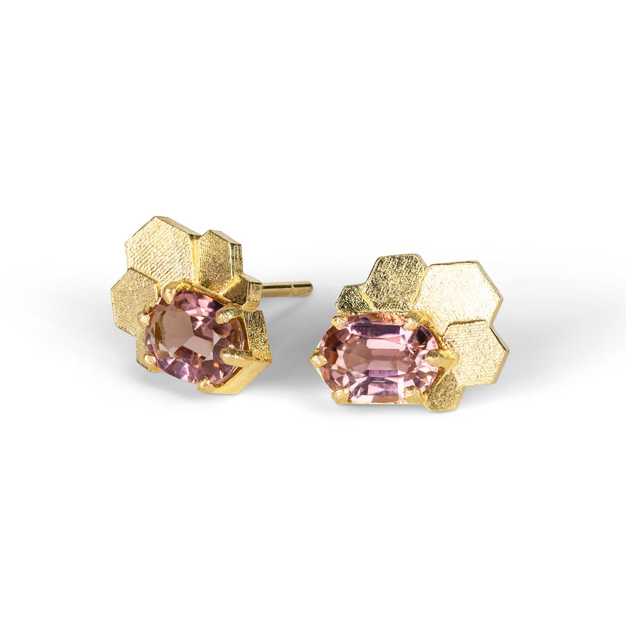 Chaos hex fan stud earrings with oval pink tourmalines