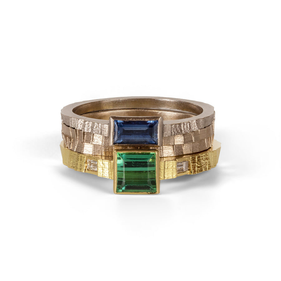 2.5mm square band with green tourmaline and diamonds