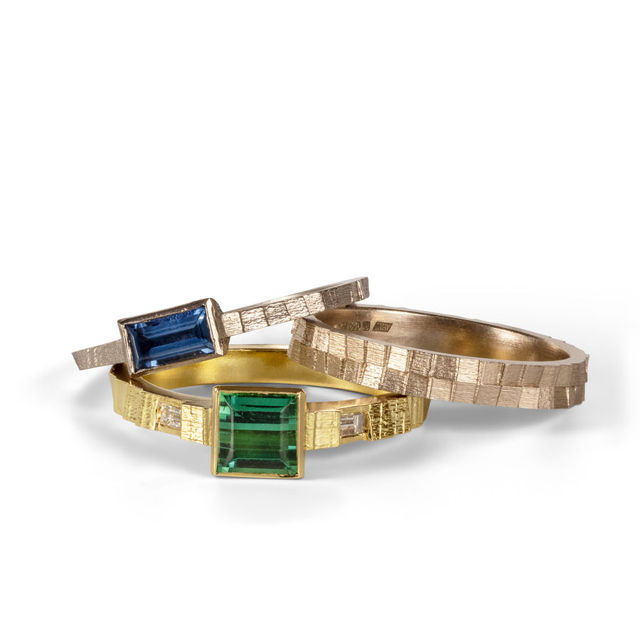 2.5mm square band with green tourmaline and diamonds