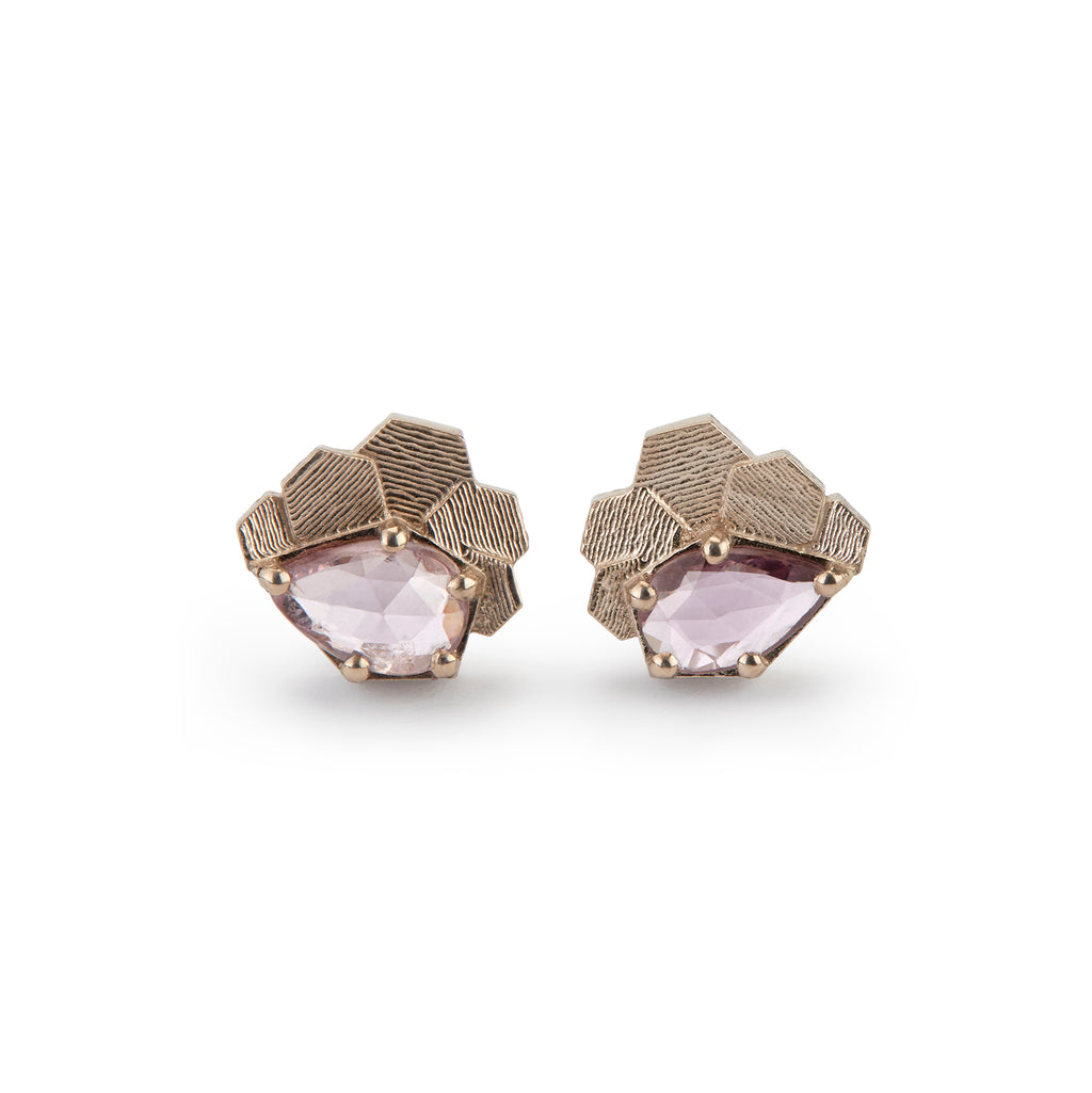 Chaos hex studs with pink pear shaped sapphires 18ct WW