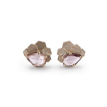 Chaos hex studs with pink pear shaped sapphires
