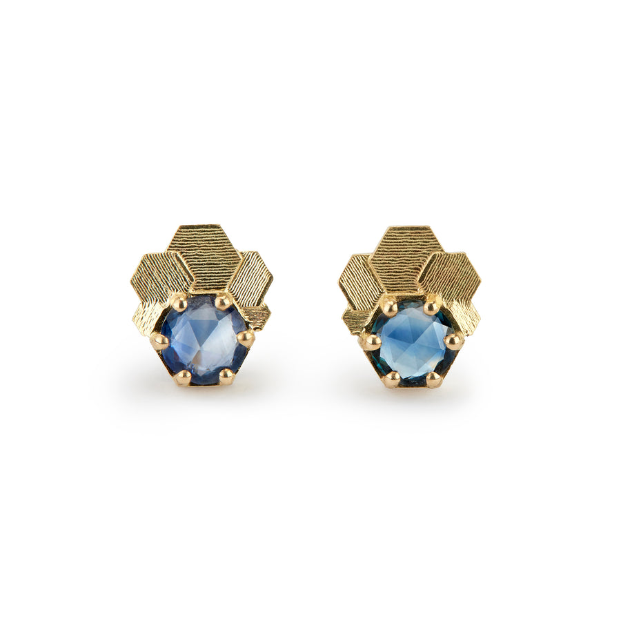 Fan hex studs with blue round sapphires