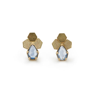 Chaos Hex studs with pale blue pear shaped sapphires