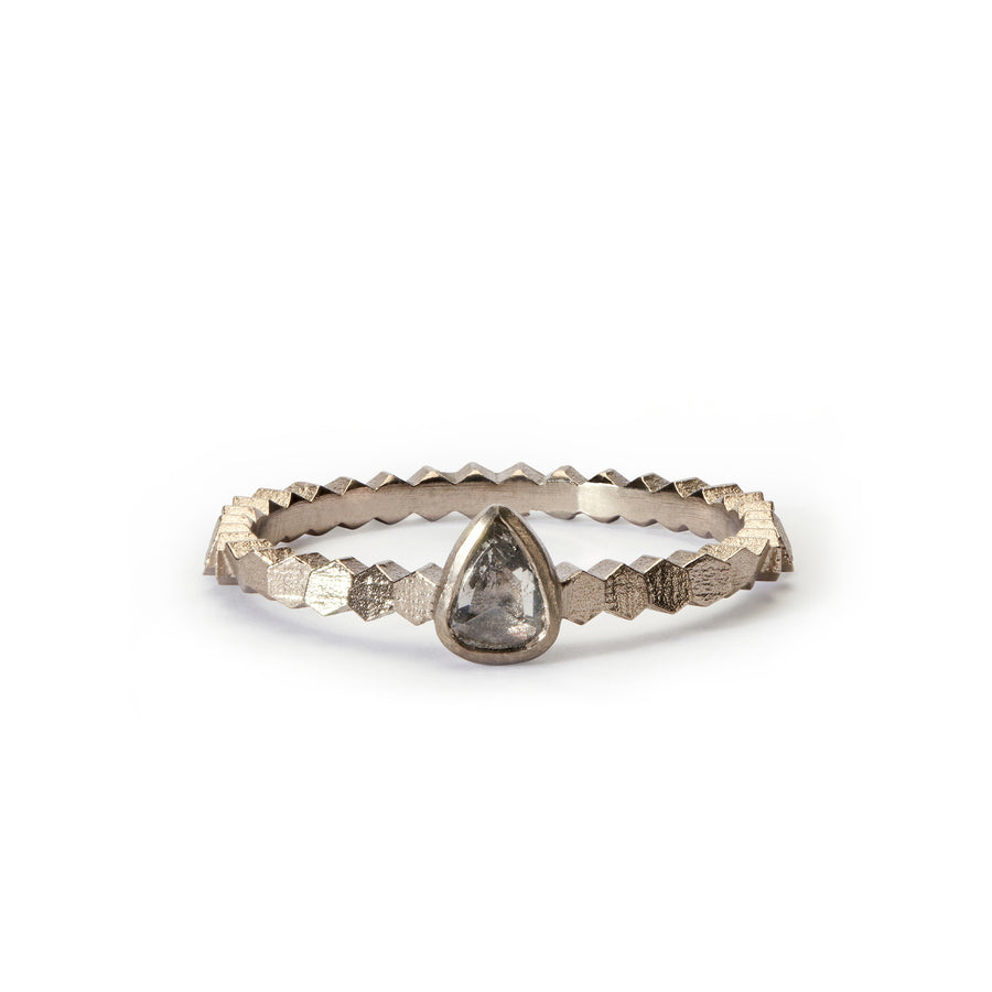 Single hex ring with 4.5x3.6 pear shaped rose cut diamond