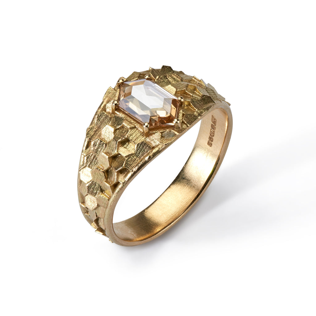 Tapered hex ring with long hexagonal diamond