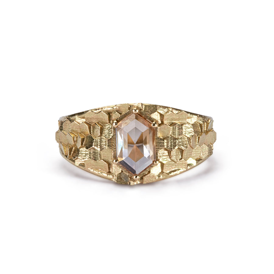 Tapered hex ring with long hexagonal diamond