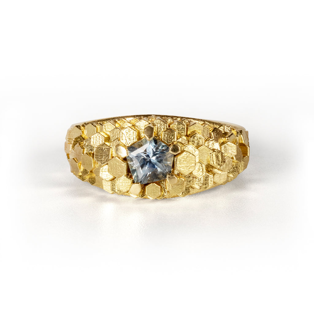 Tapered chaos hex ring with Geocut Montana Sapphire