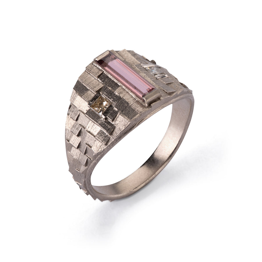 Tapered deco ring with pink tourmaline and brown diamonds