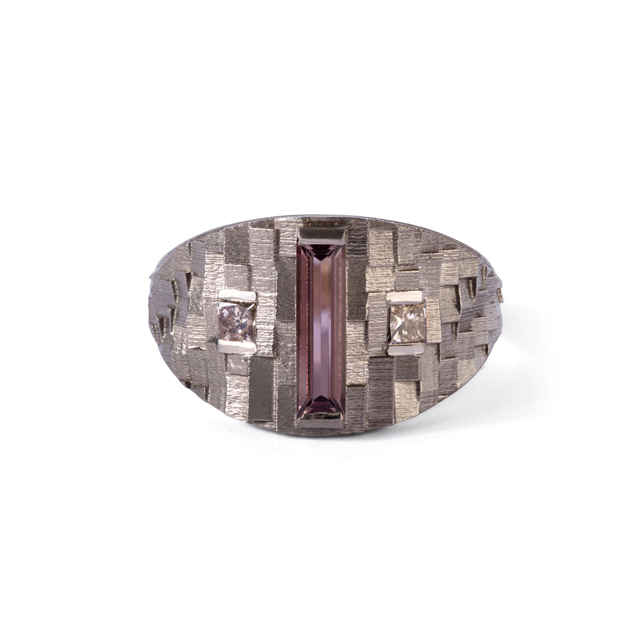 Tapered deco ring with pink tourmaline and brown diamonds