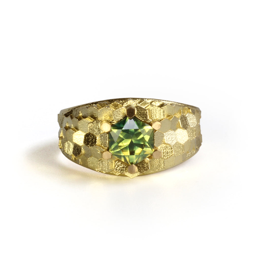 Tapered hex ring with Hexagonal green sapphire