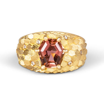 Tapered hex ring with Peachy pink tourmaline and diamonds