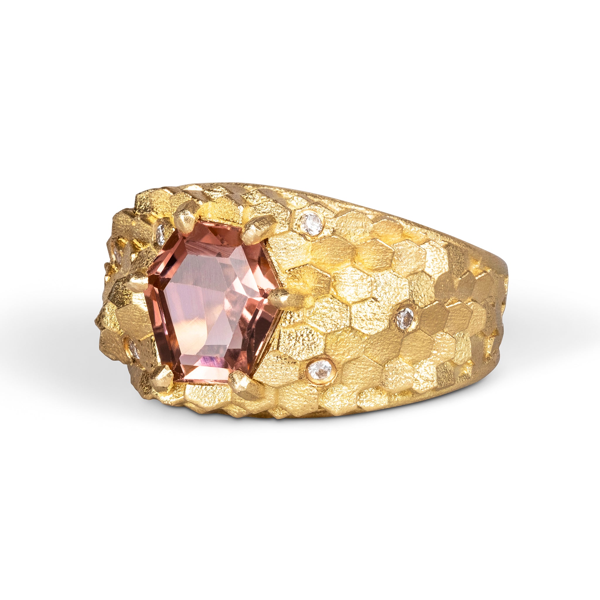 Tapered hex ring with Peachy pink tourmaline and diamonds – Jo Hayes Ward