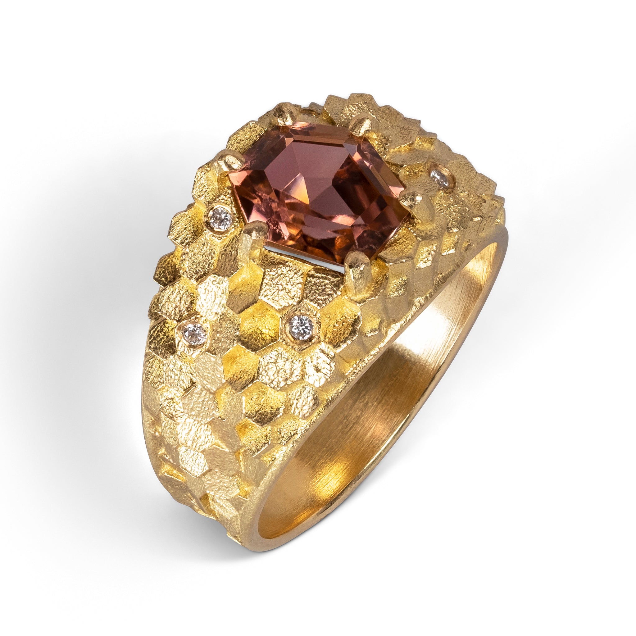 Tapered hex ring with Peachy pink tourmaline and diamonds – Jo Hayes Ward