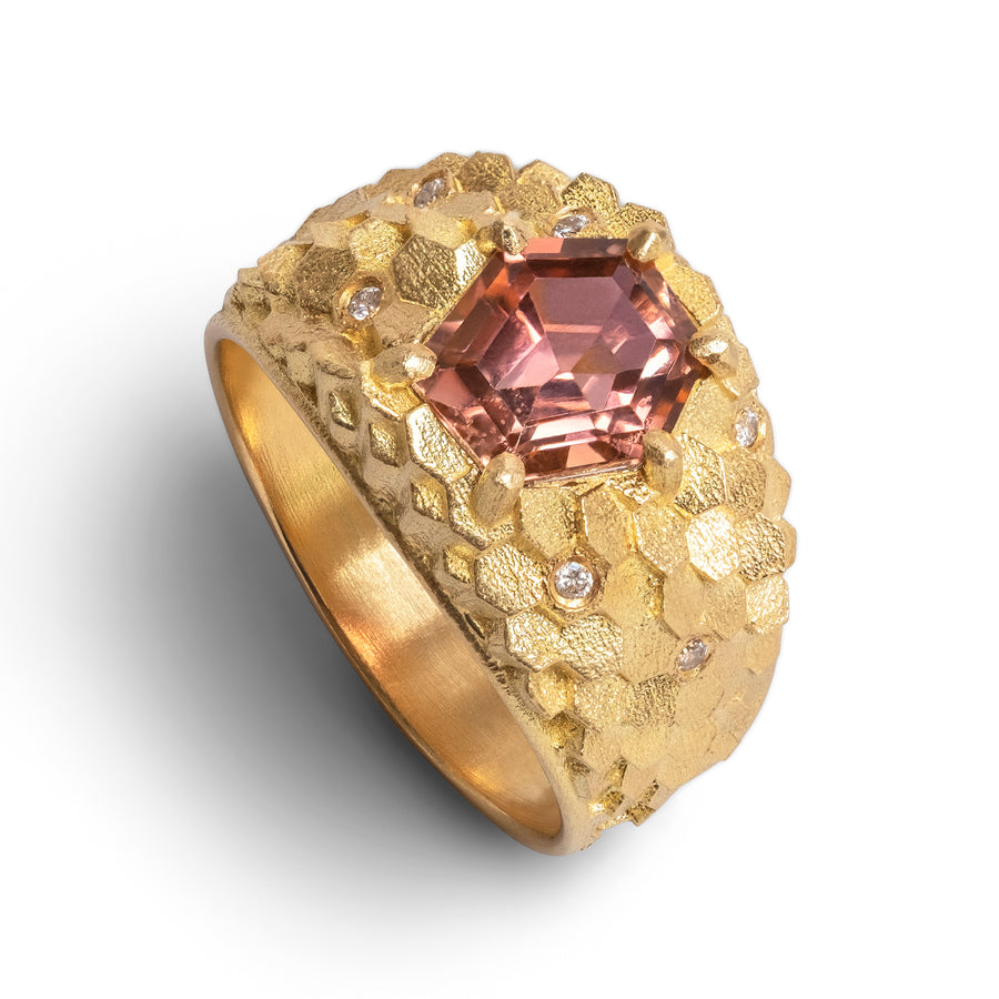 Tapered hex ring with Peachy pink tourmaline and diamonds